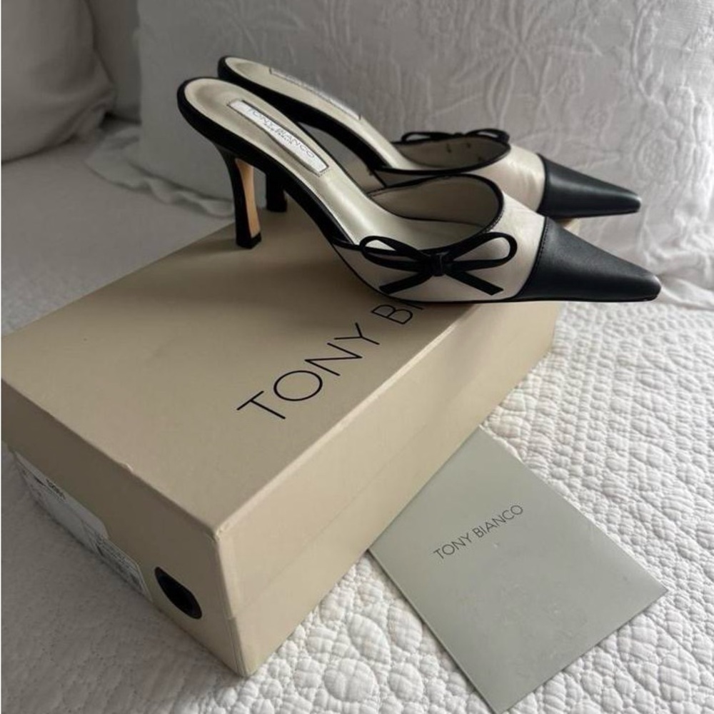 Tony Bianco Old Money Kitten Heels Shirley Pointed Cap Toe Mule with Bow Size 5